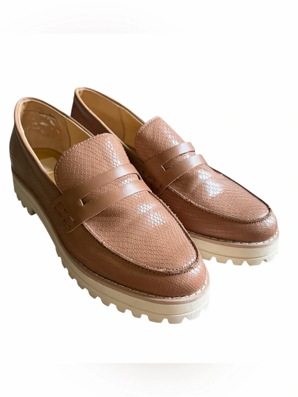 Dolce Vita Abbott Penny Loafers Tan Snake Textured Platform Lug Shoes Size 8.5